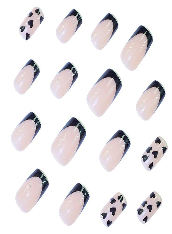 HJKDSFD 24Pcs Black French Tip Press on Nails Valentines Short Square Fake Nails Black Hearts Stick on Nail Nude Glossy Glue on Nails Cute Natural Acrylic Artificial Nail for Women Manicure - Image 2